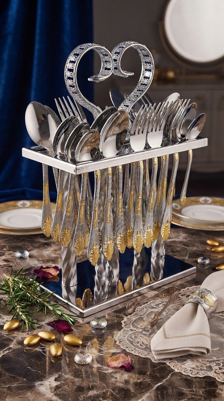 Gold and Silver Cutlery Set with Stand"